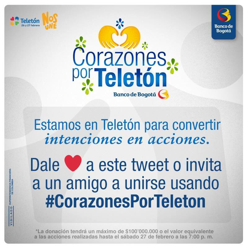 BancodeBogota's tweet photo. Por cada 💙 a este tweet donaremos $2.000 y por cada invitación a unirse usando #CorazonesPorTeleton donaremos $4.000 https://t.co/UJeG1gKx7S