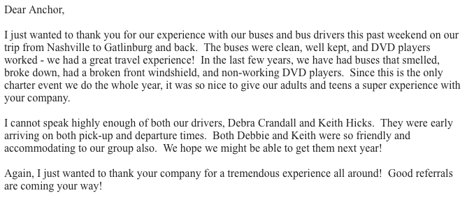 Anchorbus's tweet photo. Kudos to our drivers and bus maintenance staff! #greatfeedback https://t.co/Xi5nhU8rfz