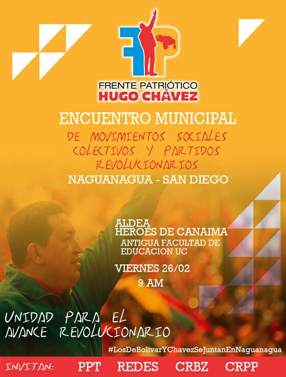 RicardoAdrianD's tweet photo. Asambleas populares #FPHCh
VIERNES 26/02/16 #SanDiego y #Naguanagua. LUGAR: Aldea Héroes de Canaima. Hora 9am https://t.co/fiWqTKXIdQ