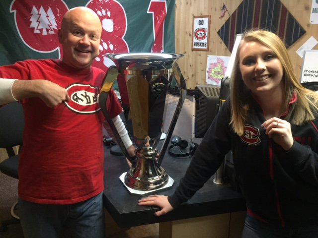 TheNCHC's tweet photo. The #FFTrophyTour wraps up in St. Cloud this weekend & the #FrozenFaceoff Trophy visited local radio stations today https://t.co/8pXcK1kufp