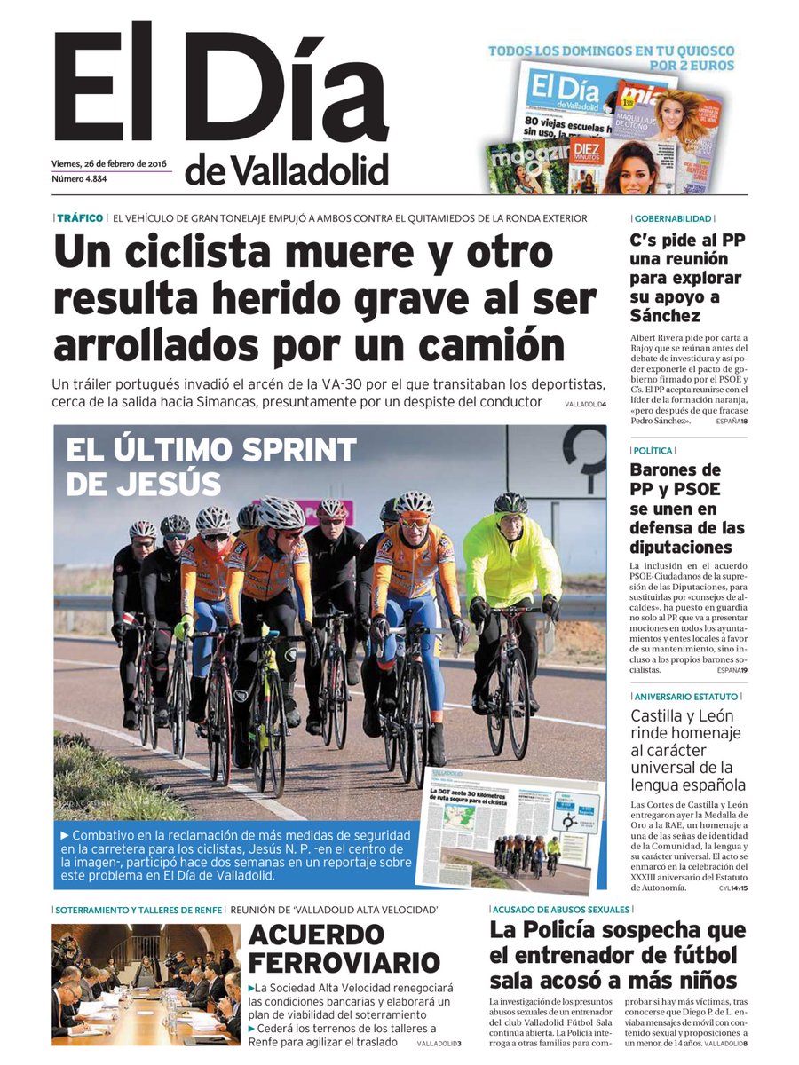 DiadeValladolid's tweet photo. Un ciclista muere y otro resulta herido grave al ser arrollados por un camión // El último sprint de Jesús #portada https://t.co/lBTqd11CuN
