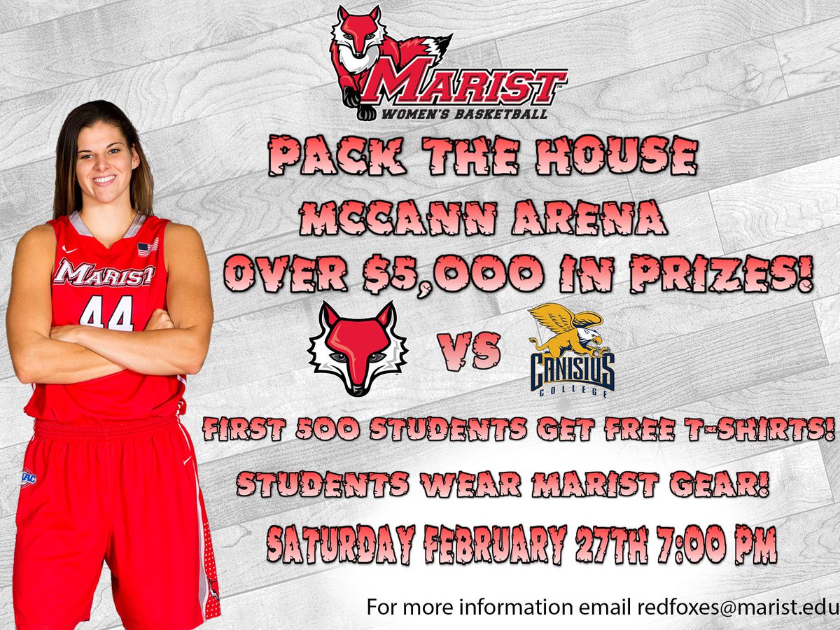 MaristPTH's tweet photo. 2 days! Are you ready to #PACKTHEHOUSE??? First 500 students receive free t-shirts! Plus $5,000 worth of prizes!!! https://t.co/sfi08xBcrc