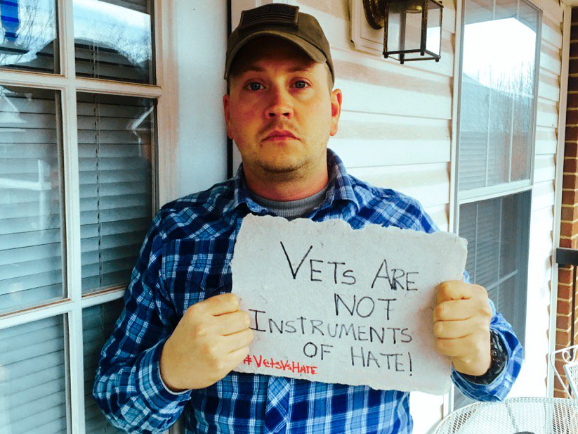 VetsAboutFace's tweet photo. "Vets are not instruments of hate!" Army vet, Zach Choate. #VetsVsHate #CombatPaper https://t.co/cCyYILV5YU
