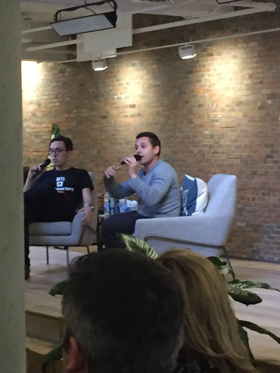 Sarah_Tak's tweet photo. COO of @Shopify for a #firesidechat at #mtlecommerce. 
He started off by selling t-shirts!! #what https://t.co/r7dZIHk7np