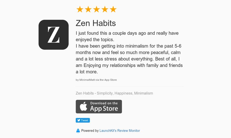 MonkeyTheorem's tweet image. 5 Star Review: "Zen Habits: I just found this a couple days ago and really have enjoyed th…" launchkit.io/reviews/aHpu9T…