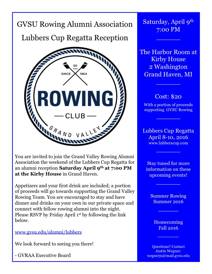 gvrowingalum's tweet photo. GVRAA Lubbers Cup Regatta Reception is coming up April 9th at 7:00PM! RSVP at https://t.co/71KyD9fwRF @gvsurowing https://t.co/xvSUu5kZ5j