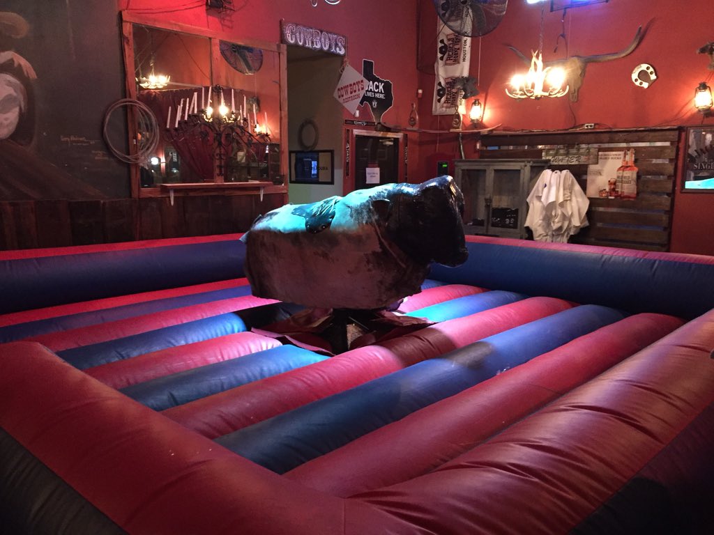 charli's tweet image. The mechanical bull is ready at the Houston GOP watch party #GOPDebate #HCRP #yeehaw