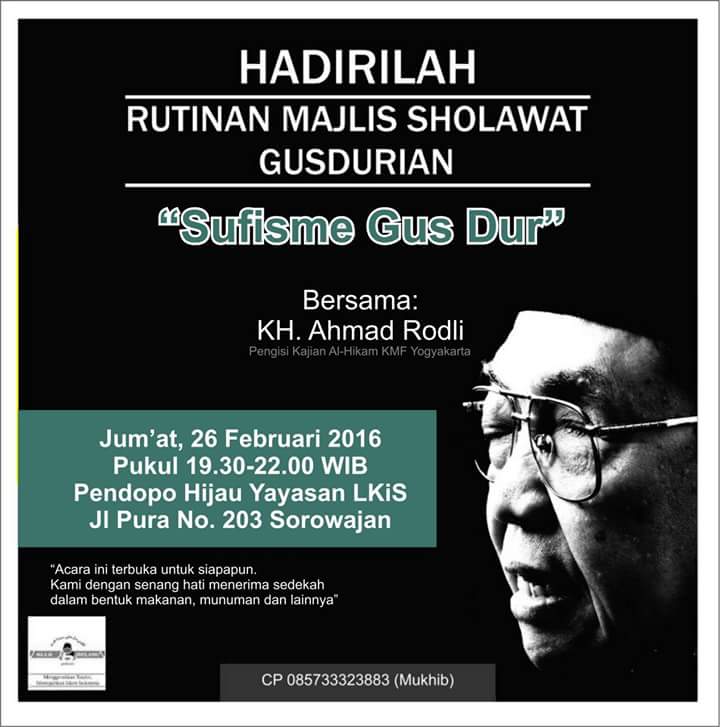 Yuk gabung, ada kajian Sufisme Gus Dur juga lho. <a href="/AlissaWahid/">Alissa Wahid</a> @santriGD <a href="/GUSDURians/">Jaringan GUSDURian</a> <a href="/tatakhoiriyah/">tata khoiriyah</a> <a href="/JogjaUpdate/">jogjaupdate.com</a>