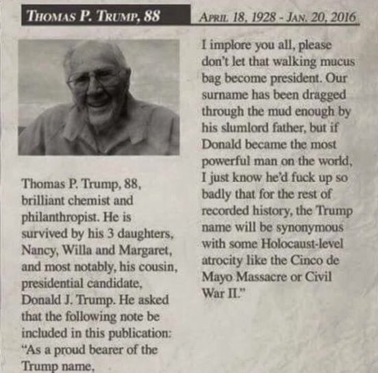 twins_n_wins's tweet photo. Donald Trump's cousin dragged him through the mud in his obituary https://t.co/lBK5eqA3e9