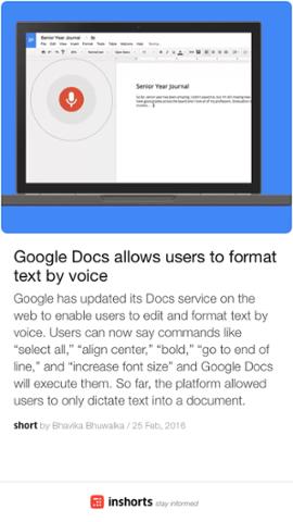 Google Docs allows users to format text by voice 
goo.gl/yRnmsF
-via inshorts