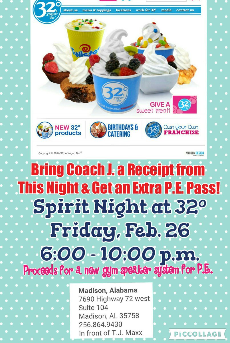 HarvestElem's tweet photo. P.E. Spirit Night Fri., Feb. 26   6-10pm @ 32° #NewGymSpeakerSystem @CoachJPaschall @Brettbchapman @PTOHarvestElem https://t.co/pfPUFoBkfv