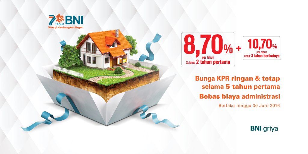 BNI's tweet photo. Bunga KPR ringan &amp; tetap selama 5 tahun pertama dan bebas biaya administrasi #BNIGriya Info: https://t.co/u5URJvjUb0 https://t.co/QZbNOwo0rA