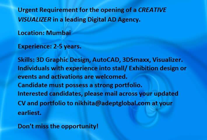 AdeptGlobalJobs's tweet photo. job opportunity for a #creativevisualizer in mumbai https://t.co/bOSGkUdd0E