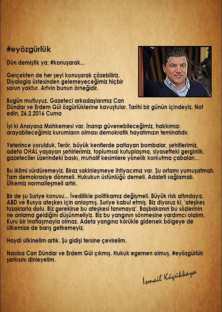 KucukkayaIsmail's tweet photo. Sabah yazdım bu yazıyı... Erdem için Can için #eyözgürlük https://t.co/s1u1tjnsWr