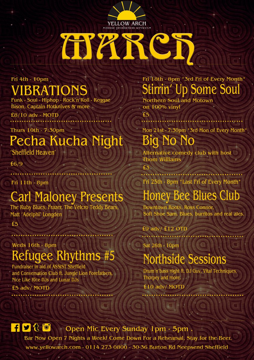 March listings!! <a href="/VibrationsHifi/">Vibrations</a> <a href="/PKNSheff/">PechaKucha Sheffield</a> <a href="/CarlMaloney/">Carl Maloney</a> <a href="/HoneyBeeBlues01/">Honey Bee Blues Club</a> <a href="/DowntownRoots/">The Downtown Roots</a> <a href="/TheRubyBlues4/">The Ruby Blues</a> <a href="/Frazer_UK/">FRAZER</a>
