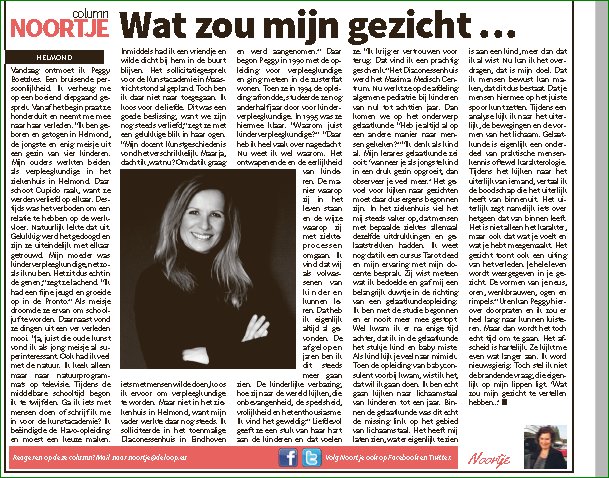 Column over <a href="/peggsplace/">Peppie</a>. Haar werk en passie staan centraal. Een spontaan diepgaand gesprek. Lees p 11 in <a href="/De_Loop/">Weekkrant De Loop Helmond</a>