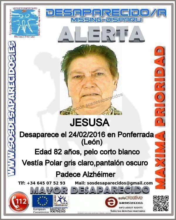 #Urgente
Jesusa es una #mayor #desaparecida en Ponferrada #León que padece#Alzheimer
Si la ves 
📞062
📞091
📞112
H#RT