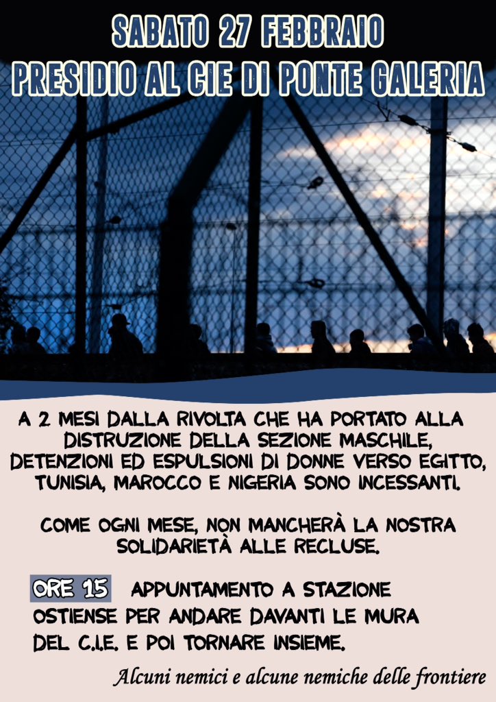 frontiere_zero's tweet photo. Per sostenere le resistenze alle espulsioni delle donne recluse, domani presidio al CIE di Ponte Galeria
Partecipa! https://t.co/Yhukoxkydz