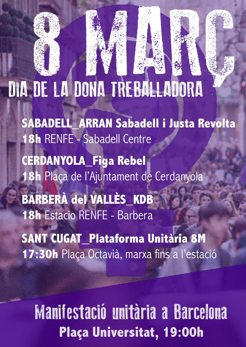 VallesFeminista's tweet photo. Aquest #8M Vallès Feminista BAIXEM JUNTES A LA MANI. Totes les hores de convocatòria!

Ni un pas enerere! https://t.co/O1drjYrd8T