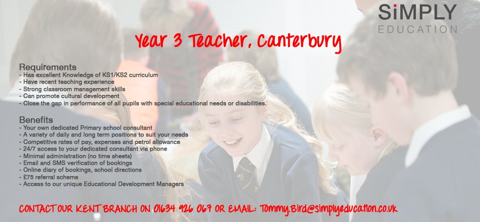 simplyedltd's tweet photo. Our newly opened Kent Branch is recruiting for a permanent Year 3 Teacher based in a Primary School in Canterbury. https://t.co/29zzQjwaji