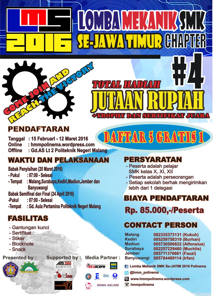 Himpunan Mahasiswa Mesin mempersembahkan Lomba Mekanik SMK Se-JATIM. Come join and reach the victory!
MESIN, SOLID!!