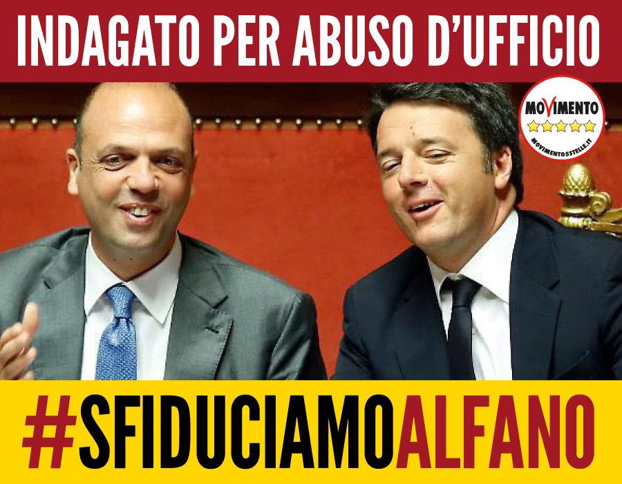 M5S_Senato's tweet photo. Il ministro dell'Interno Alfano è stato indagato per abuso d'ufficio. #SfiduciamoAlfano https://t.co/mSFlYbmfix