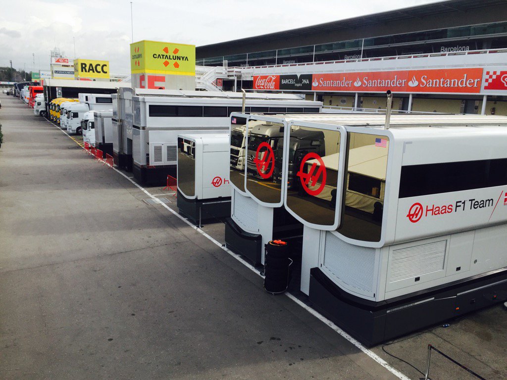 HaasF1Team's tweet photo. Don't be fooled by the quiet Friday paddock at @Circuitcat_eng - there's lots going on behind the scenes #HaasF1 https://t.co/9ZgbaaeGmw