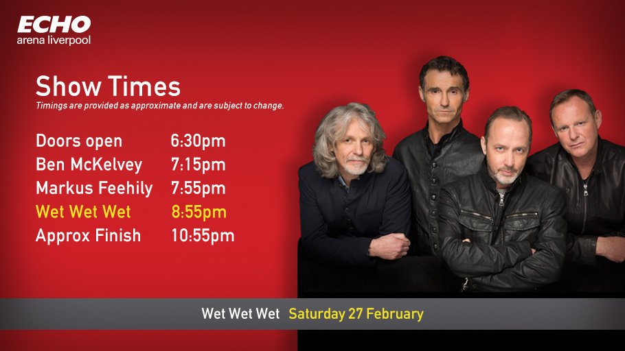 MandSBankArena's tweet photo. Joining us for @wetwetwetuk tonight? Here's the show times so you can plan your evening :) Enjoy! https://t.co/gSAzWFXOFy