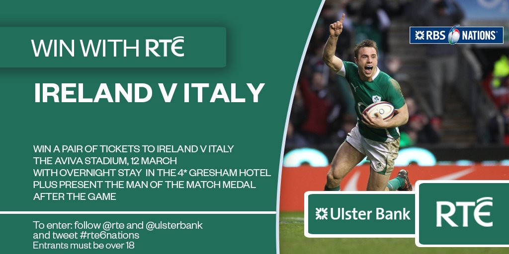 rte's tweet photo. Winner at 1pm! Win a pair of tix for Ireland V Italy. To enter follow @rte &amp; @UlsterBank &amp; tweet #rte6nations https://t.co/e0qZhodYUV
