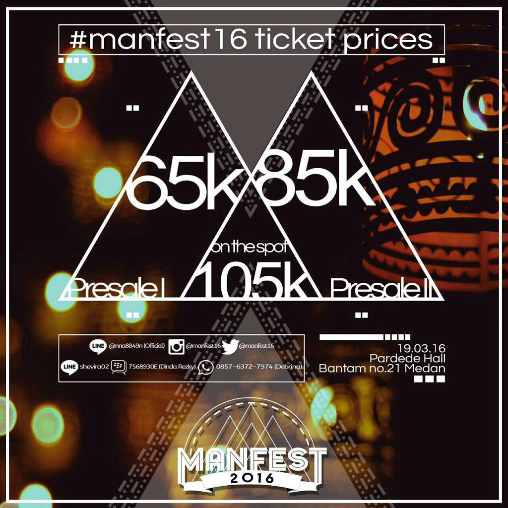 manfest16's tweet photo. Bbm: 7568930E (dindarezky)
WA: 085763727974 (debrina)

Have you secured your #manfest16 's ticket? https://t.co/lSCsqwfzGf