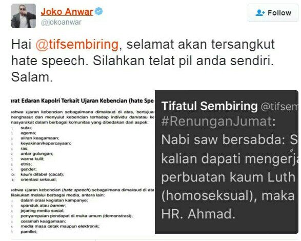 Sore Ndan... <a href="/HaitiBadrodin/">Badrodin Haiti</a>
Tlg proses akun yg menistakan Islam ini. Ybs tuding Hadits Nabi sbg hate speech. Trims