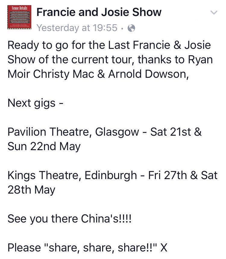 kabeltwin's tweet photo. @FRANCIEJOSIE1 -- Tickets on sale now, get yours before it's too late!! amazing show, not to be missed xx https://t.co/femCvJmOSL