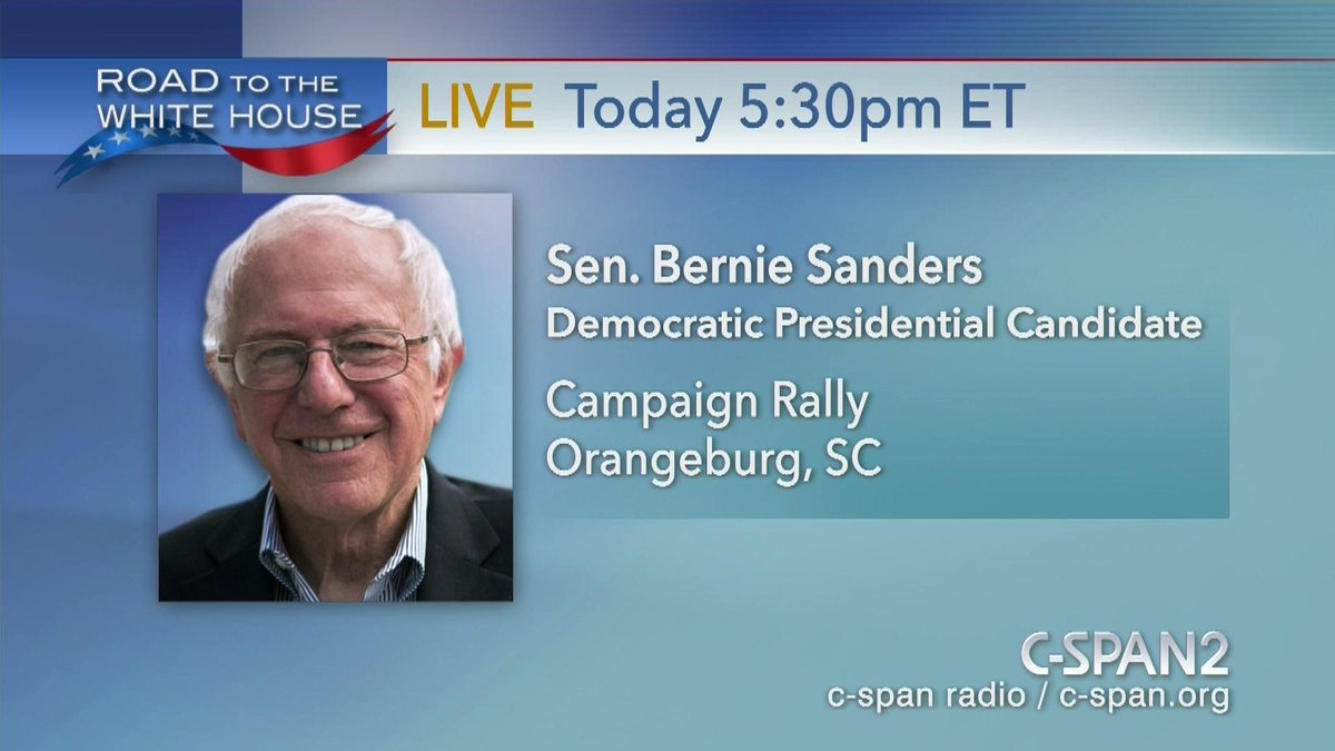 cspan's tweet photo. .@BernieSanders campaign rally in Orangeburg, SC – LIVE at 5:30pm ET on C-SPAN2 https://t.co/GHn2KSvzN5 https://t.co/S04zzneHBR