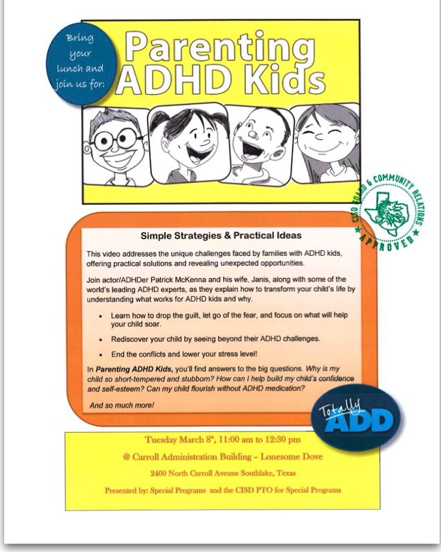 Save the date: 3/8/15 for Brown Bag Parent Seminar on Parenting ADHD Kids. <a href="/dragonsinclude/">DragonsInclude</a> <a href="/Carrollisd/">Carroll ISD</a>