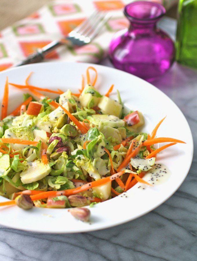 Celebrate #WorldPistachioDay w/ this #salad: Brussels Sprouts, #Apples, Carrot & #Pistachios w/ Poppy Seed Dressing