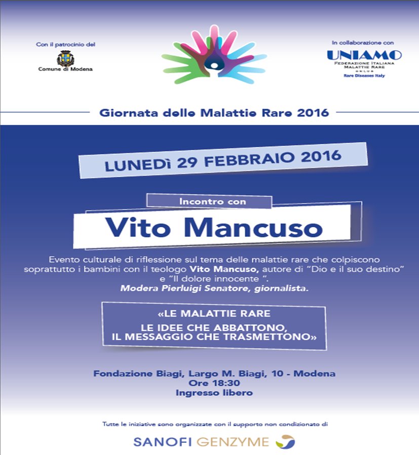 EpPiccinini's tweet image. - 3 al #RareDiseaseDay 2016. E il 29, a Modena, un momento di riflessione grazie a @VitoMancuso #modena4rare