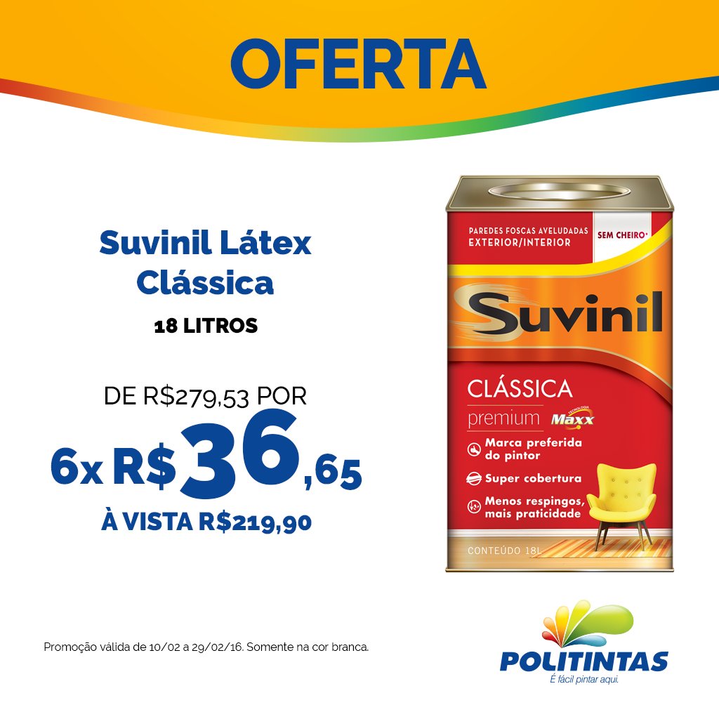 politintas's tweet photo. Suvinil Látex A Clássica em até 6x sem juros. Venha aproveitar essa oferta! #Suvinil #Tintas https://t.co/duVEGLZBm3
