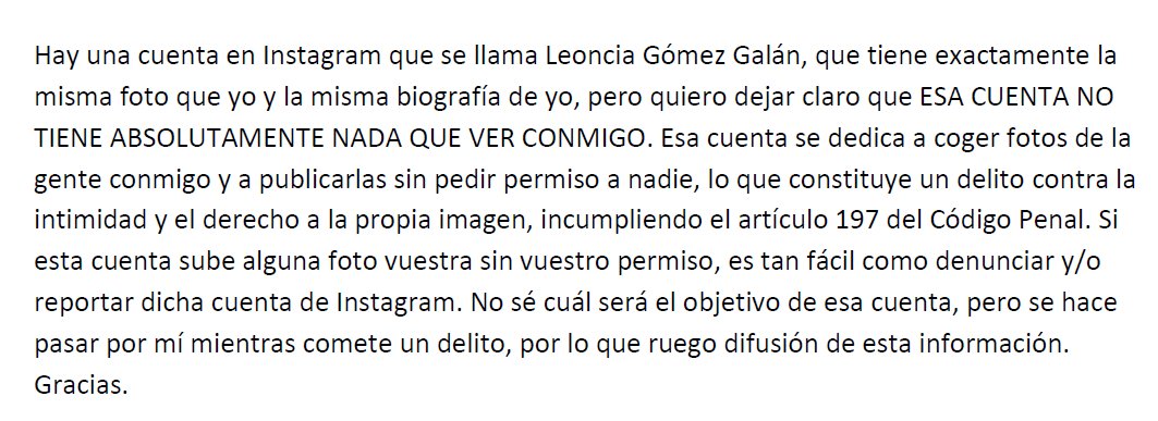 Hay una cuenta en Instagram que se hace pasar por mí y que publica fotos de la gente sin permiso. RT para difundir.