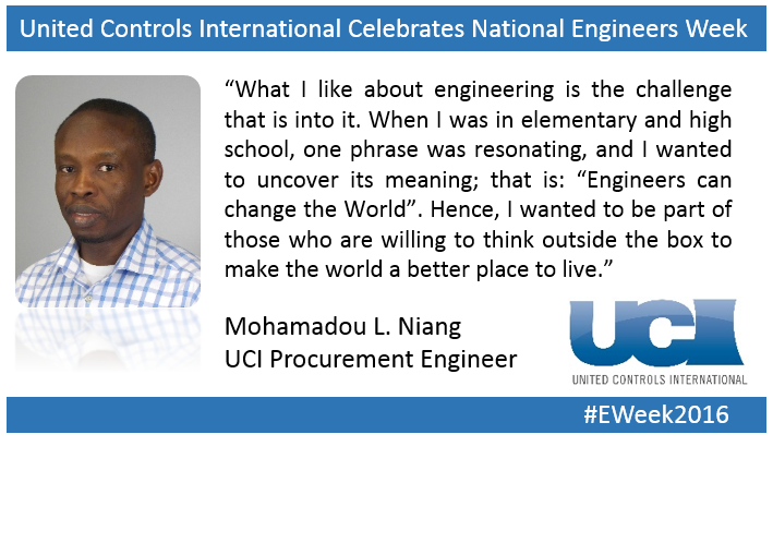 unitedcontrols's tweet photo. UCI loves its engineers! Meet our Procurement Engineer, Mohamadou L. Niang. #eWeek2016 #QualityBehindPower https://t.co/wsDJpyTb2i