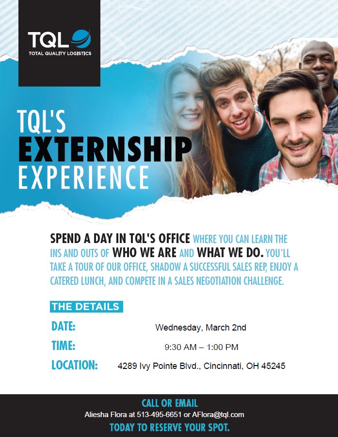 FloraRecruiting's tweet photo. @LindnerCollege - interested in learning about a fun, growing company? TQL's Job Shadow day 3/2 9:30-1 FREE FOOD! https://t.co/8OcJLj5zhN