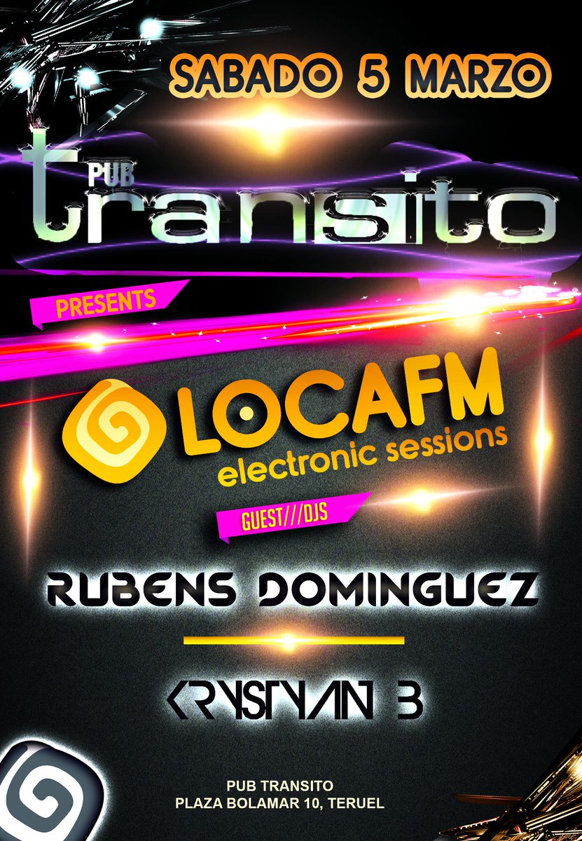 El Sábado 5 de Marzo nos vemos en #PubTransito con #ElectronicSessions <a href="/RubensDJ_Cella/">Rubens Dominguez</a> @Krystyan_B <a href="/FIESTASPTERUEL/">FIESTAS P. TERUEL</a>