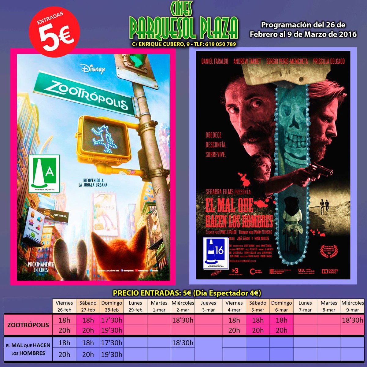 CinesParquesol's tweet photo. Este finde no te piedas #Zootropolis y #Elmalquehacenloshombres , por solo 5€ en los @CinesParquesol https://t.co/Q0DntsAJjn
