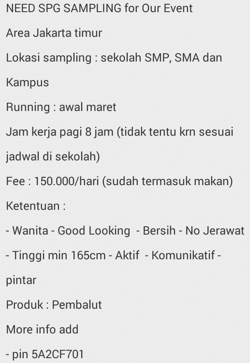 Logistik_Event's tweet photo. Loker SPG area Jakarta Timur. CP: 5A2CF701 @infojakarta @lokerspg @spgagency @SPGeventMNG @SpgEventID @InfojobSPG https://t.co/E3JQg4LZd8