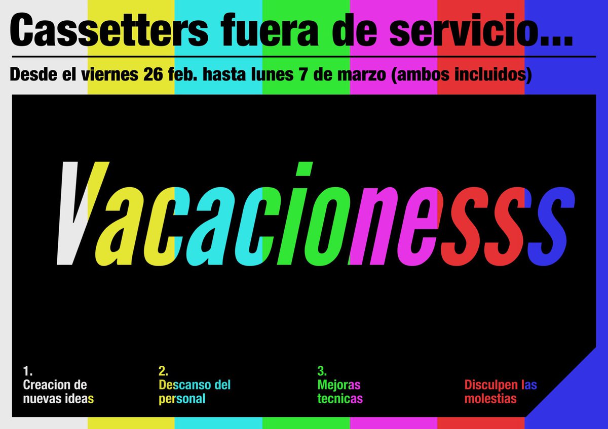 VACACIONESSS...
Cassetters fuera de servicio !!!

#GoCassetters #vacaciones #fueradeservicio #tallerdeideas