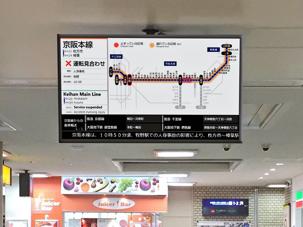 Forest على تويتر 仕事帰りに樟葉駅の改札口に設置された旅客案内ディスプレイを撮ってみました 運用前なんで合成画像ですがこんな感じになるのかな 京阪 京阪電車 樟葉 T Co Tban460md7