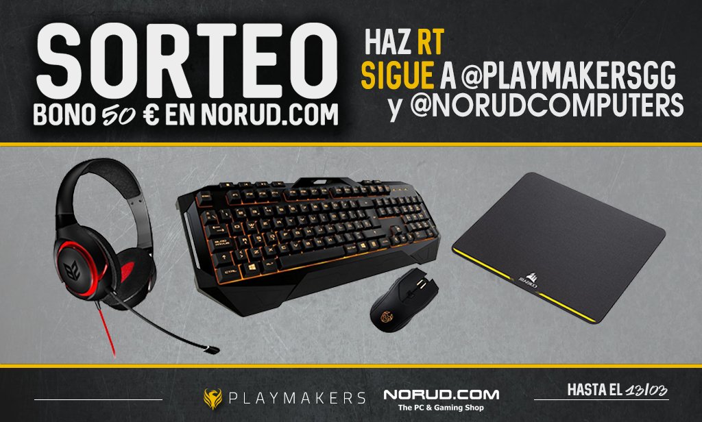 PlayMakersGG's tweet photo. [#SORTEO] Bono 50 euros en https://t.co/MLmOW0ivsP. Haz RT, sigue a @PlayMakersGG y @norudcomputers para participar. https://t.co/MeUsQfBWtq