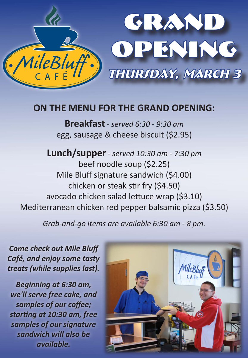 Join us March 3 for the grand opening of Mile Bluff Café!  It will be delicious! #cantwait #yummy
