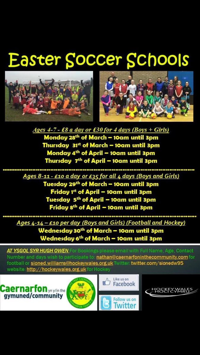 Hoci a fwtbol yn ystod gwylia Pasg!
Peidiwch ag methu allan!
<a href="/HockeyWales/">Hoci Cymru</a>  <a href="/HociCaernarfon/">Clwb Hoci Caernarfon</a> @CaernarfonFITC
