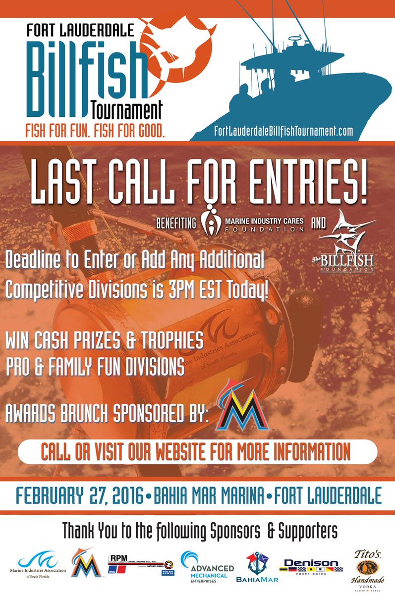 ReelFLBT's tweet photo. #LastCall for entries for #FLBT2016! 3pm EST #deadline today. Signup here https://t.co/FfqGgTtB9l #fishing #billfish https://t.co/g99qqu51mQ