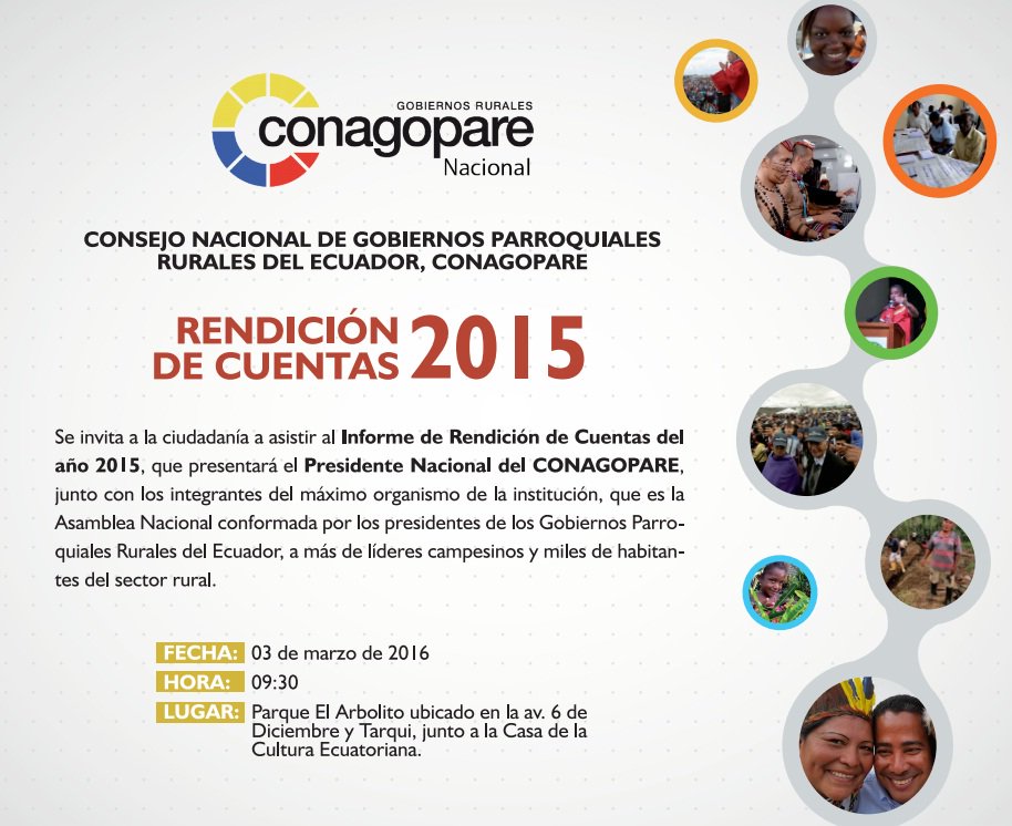 CONAGOPARE1's tweet photo. Invitamos a toda la ciudadanía a participar en nuestro acto de #RendicionDeCuentas del año fiscal 2015 https://t.co/2kEXHAFFco